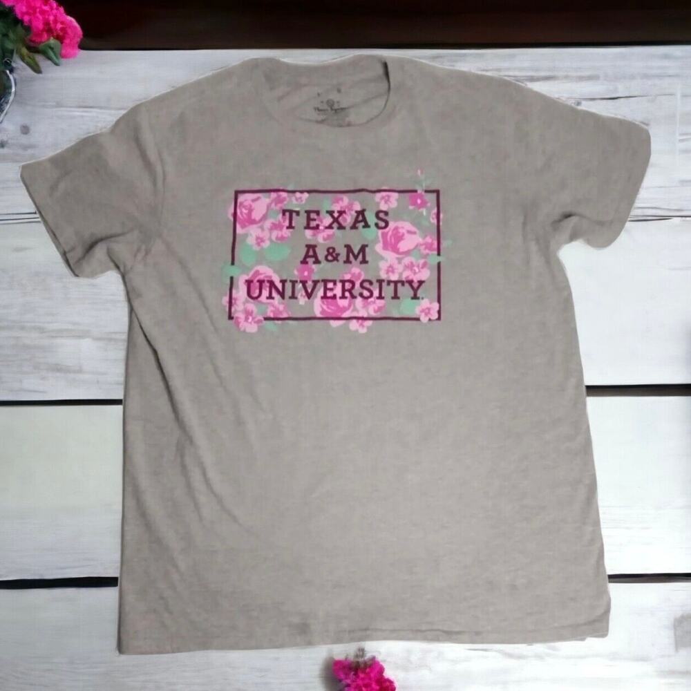 Texas A&M University Women's T-Shirt Large Gray Pink Floral Short Sleeve Tee